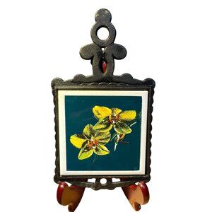Cast Iron Trivet With Floral Ceramic Tile Kitchen Art Flowers yellow green
